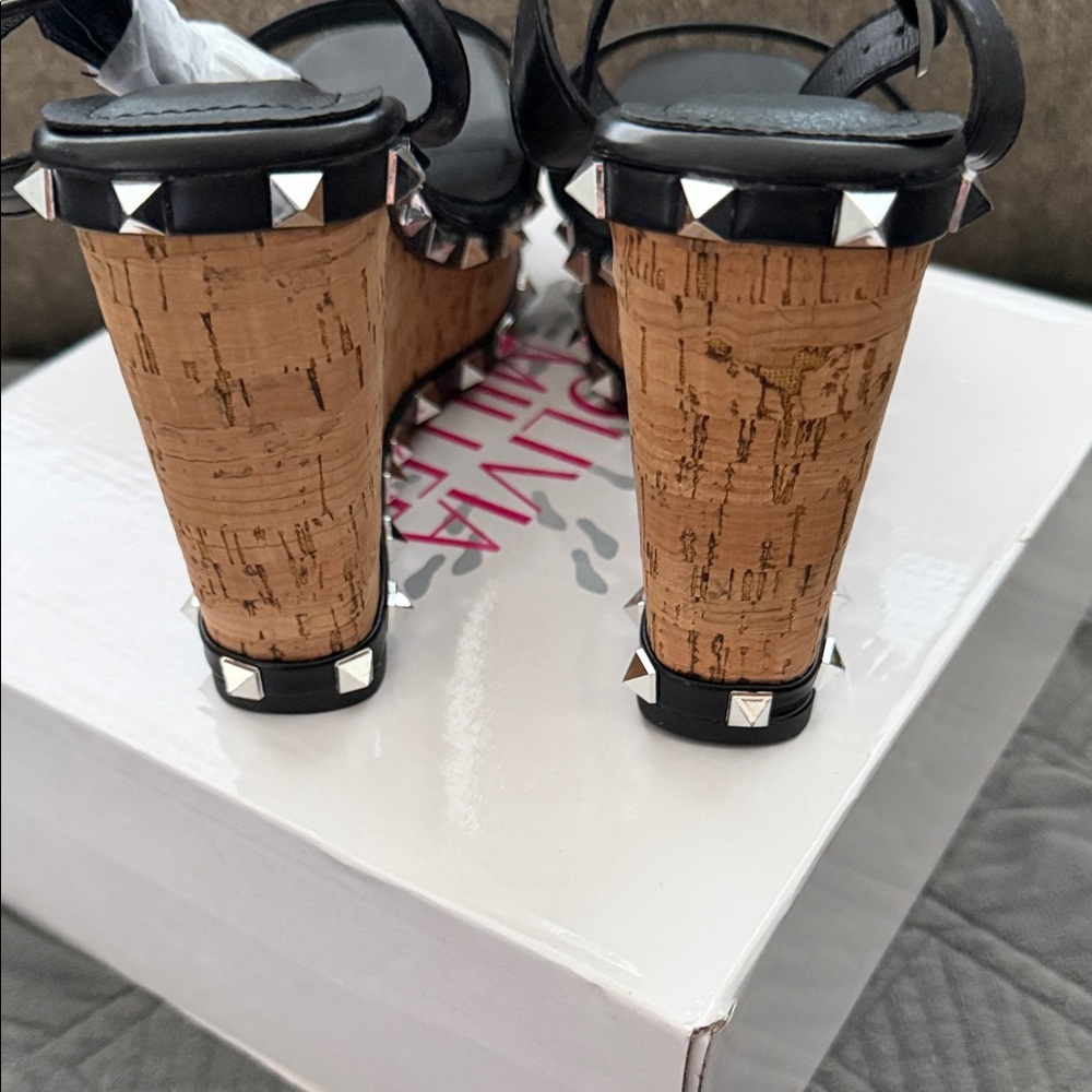 Olivia Miller NIB Black Cork Wedge Sandals with Stud Trim - Picture 5 of 7